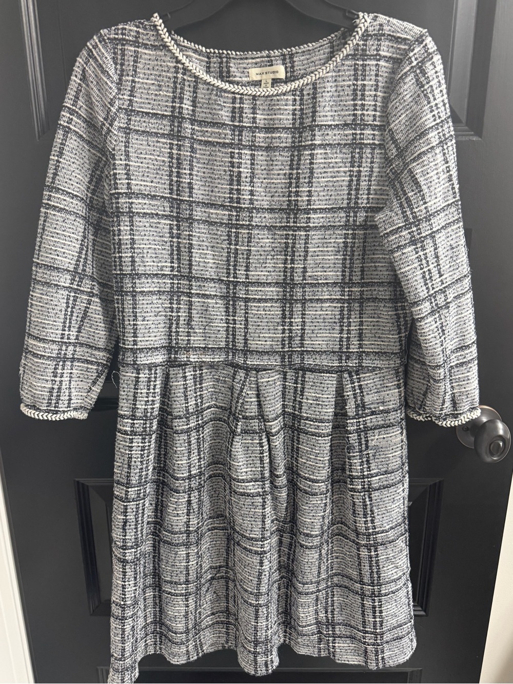 MAX STUDIO Black & White Plaid Fit & Flare Dress 3/4 Sleeve Size L